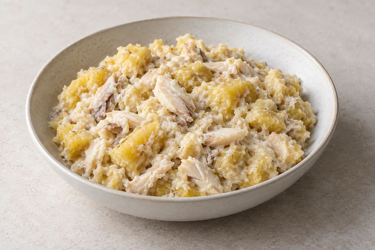 AI-generated serving illustration of coarse plantain mash with flaked fish in a creamy coconut mixture.