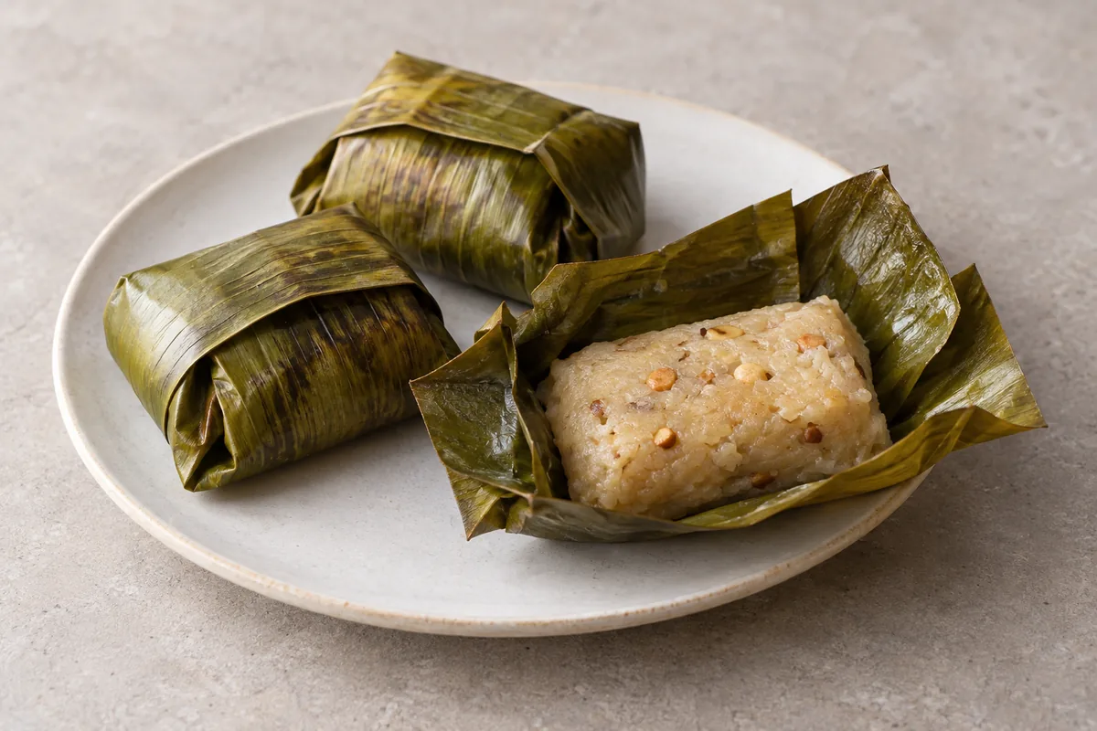 AI-generated serving illustration of two leaf-wrapped Koba parcels and an opened parcel showing its pale interior.