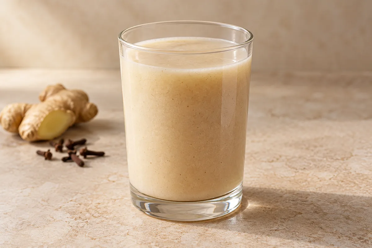 AI-generated illustration of Kunu Zaki, a pale millet-and-spice drink in a plain glass.