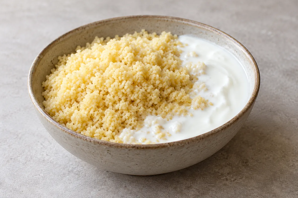 AI-generated serving illustration of loose pale maize couscous with white cultured milk in a shallow bowl.