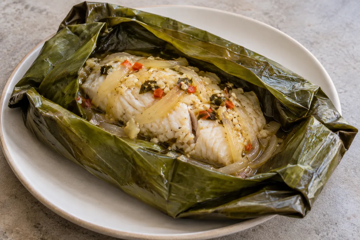 Steamed white fish with cooked onion and pepper in an opened banana-leaf parcel; AI-generated recipe illustration