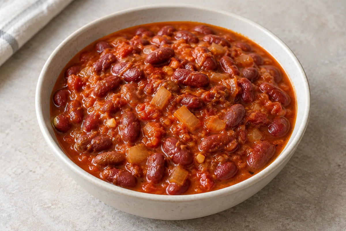 Red beans in a thick tomato, onion and palm-oil sauce; AI-generated Madesu illustration