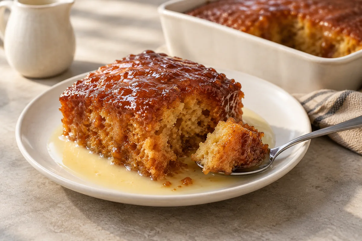 Golden Malva pudding with a spoonful of moist sponge and buttery cream sauce; AI-generated recipe illustration