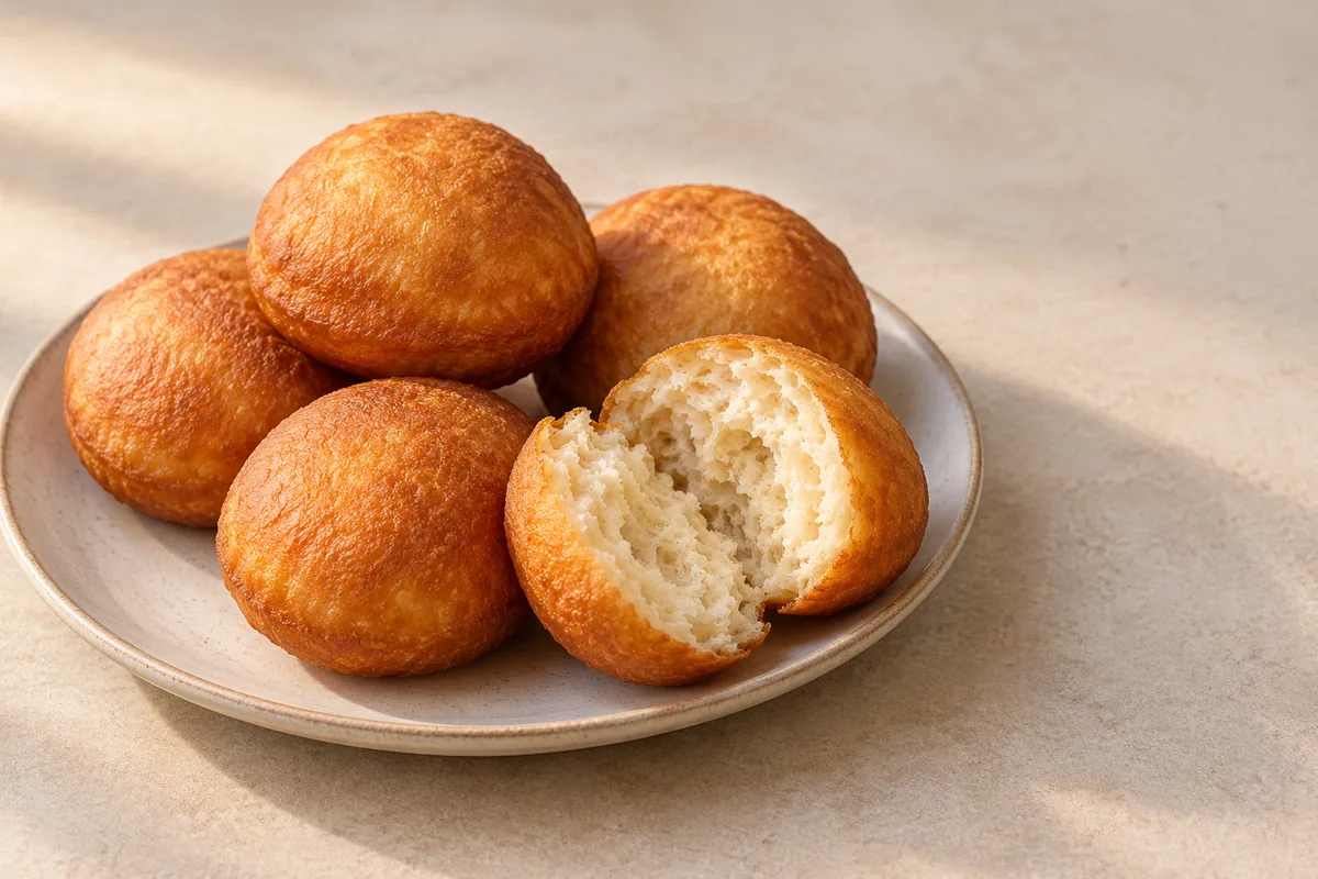 AI-generated serving illustration of round golden mandazi, one opened to show its airy interior.
