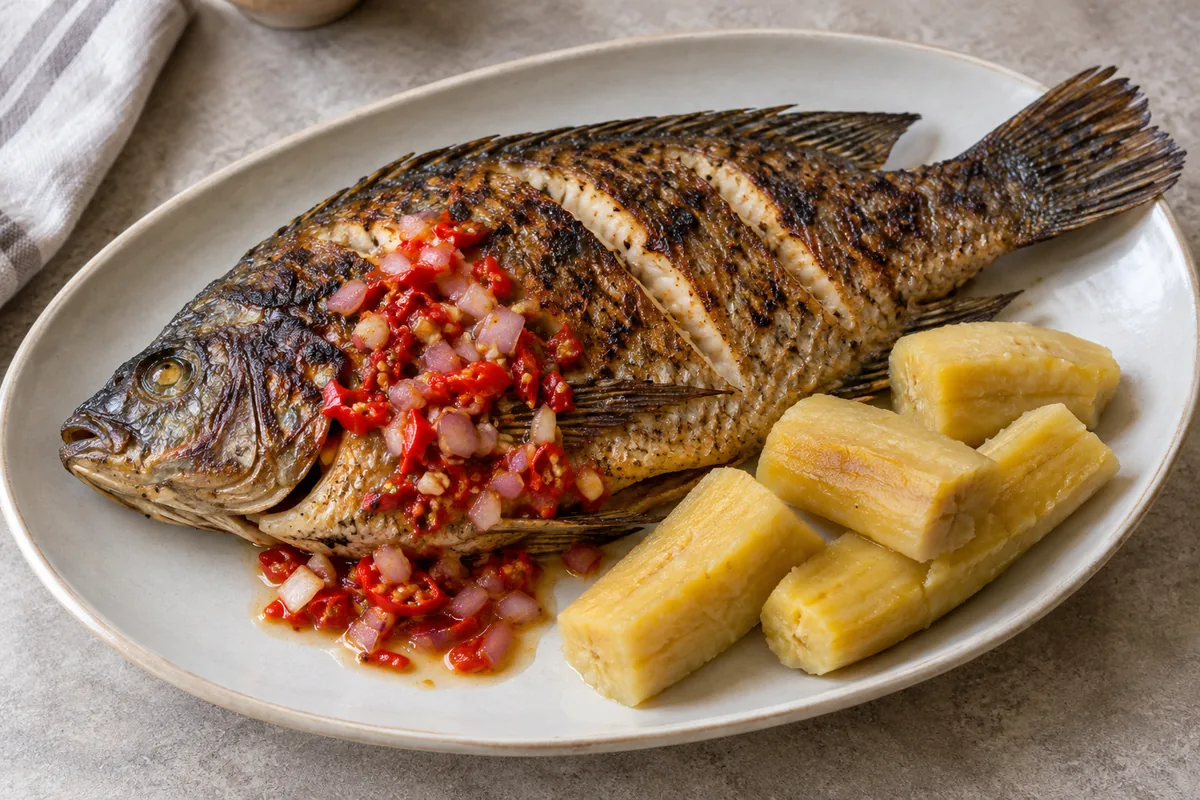 Grilled tilapia with chili-onion sauce and boiled plantain; AI-generated recipe illustration