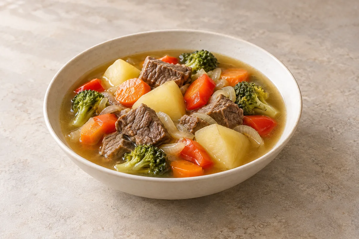 AI-generated illustration of beef Mchemsho with potatoes, carrots, bell pepper, onion and broccoli in light broth.