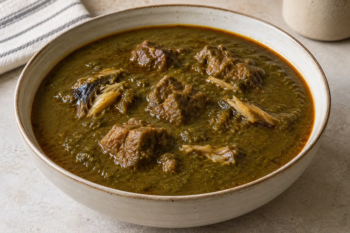 Miyan Kuka with cooked meat and dried fish in thick olive-brown baobab-leaf soup; AI-generated recipe illustration