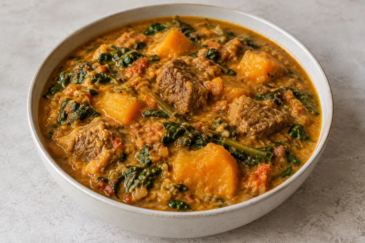 Miyan Taushe with beef, pumpkin and wilted greens in groundnut soup; AI-generated recipe illustration