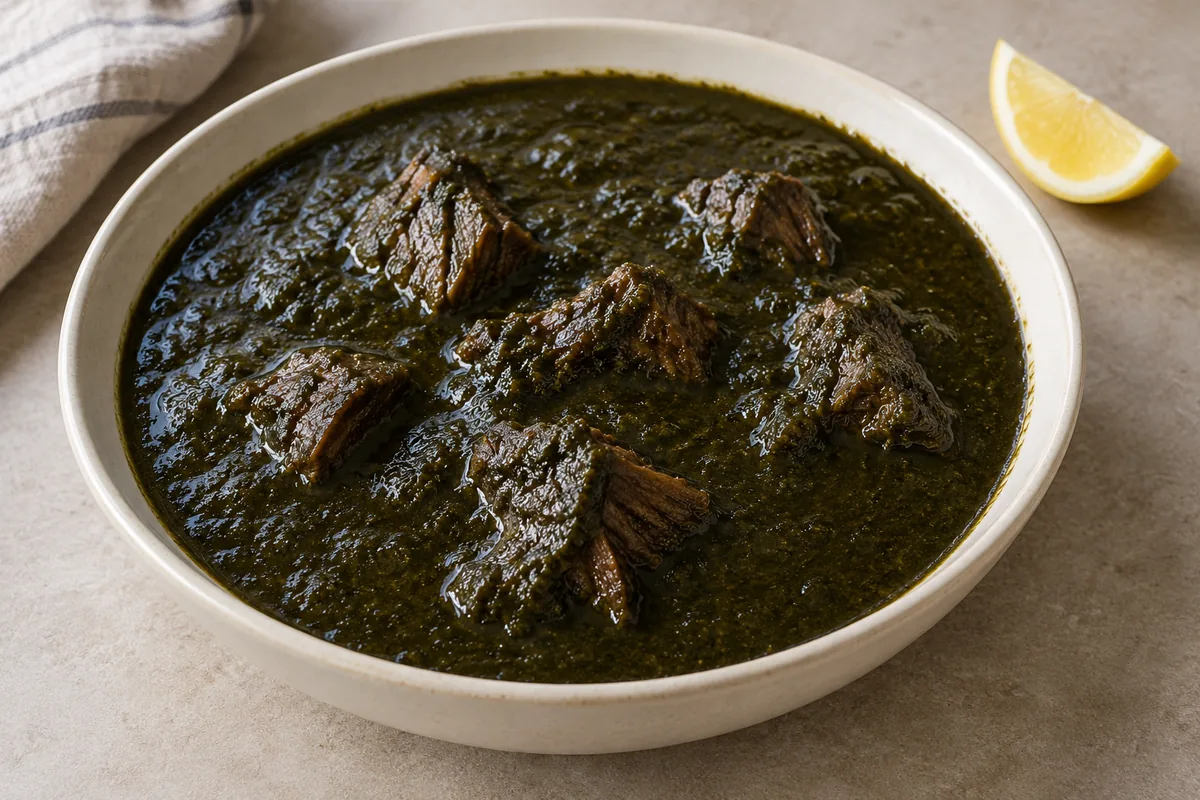 Tunisian Mloukhia with beef in dark olive-green powdered-leaf stew; AI-generated recipe illustration
