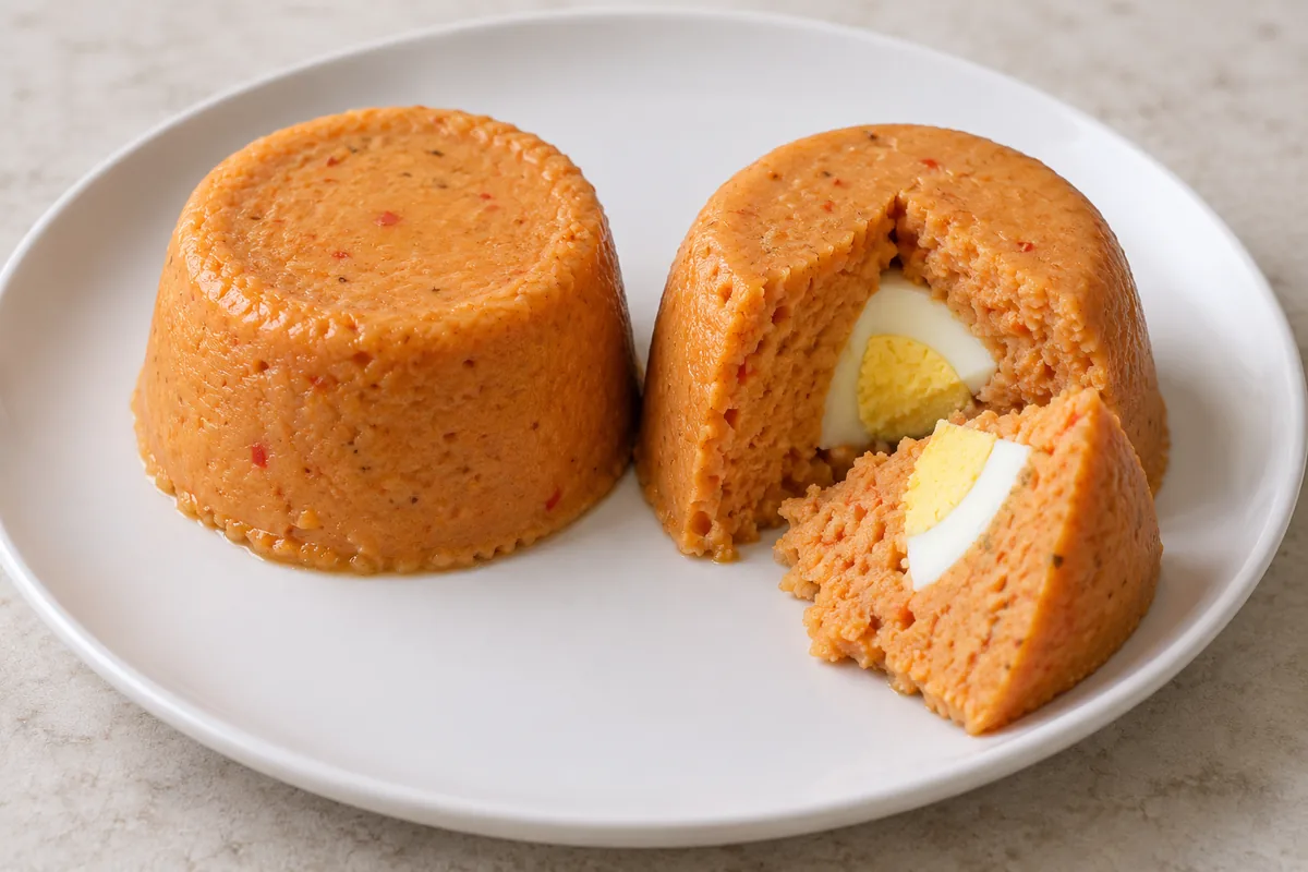 Illustration of Moi Moi: steamed bean puddings, with one cut open to show a hard-boiled egg filling.