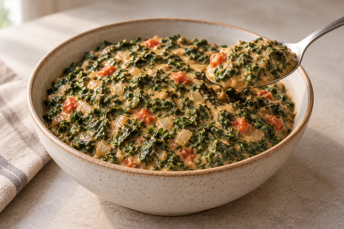 Cooked leafy greens in creamy peanut sauce with tomato and onion; AI-generated recipe illustration