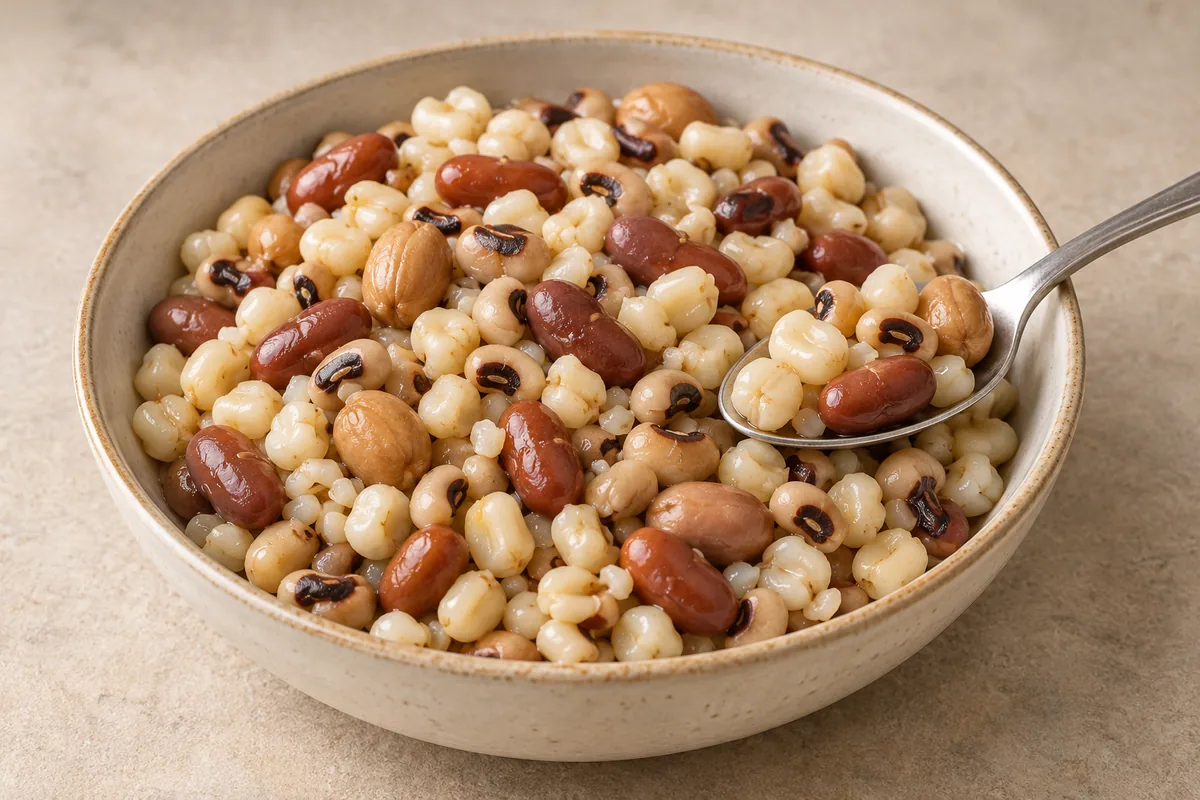 A bowl of cooked maize, cowpeas, beans and groundnuts; AI-generated recipe illustration
