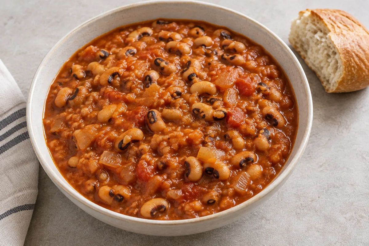 Black-eyed peas in a thick tomato and onion stew with bread; AI-generated Ndambe illustration
