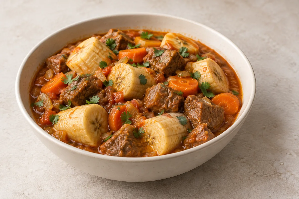 AI-generated serving illustration of beef, pale plantain chunks and carrot slices in tomato-coconut gravy.