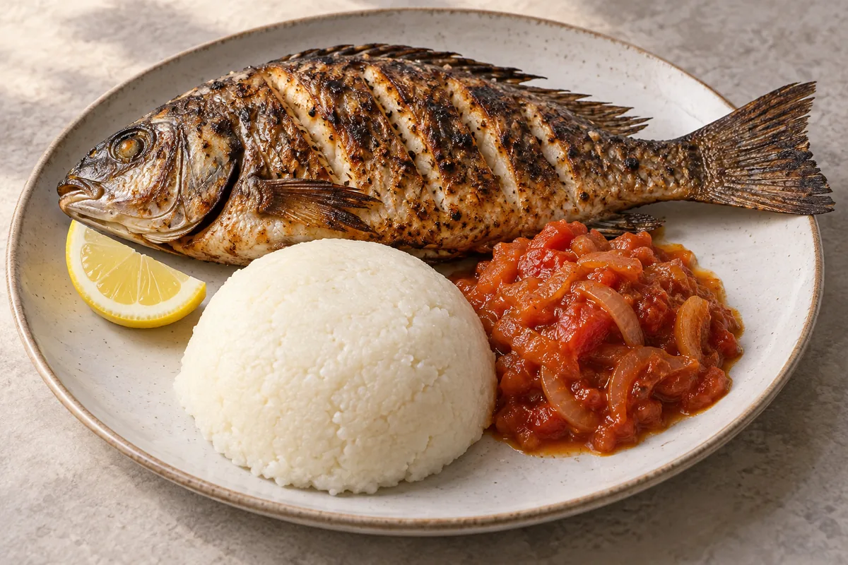 Illustration of Nsima with Chambo: grilled whole fish, a white maize-meal mound, tomato-onion relish and lemon.