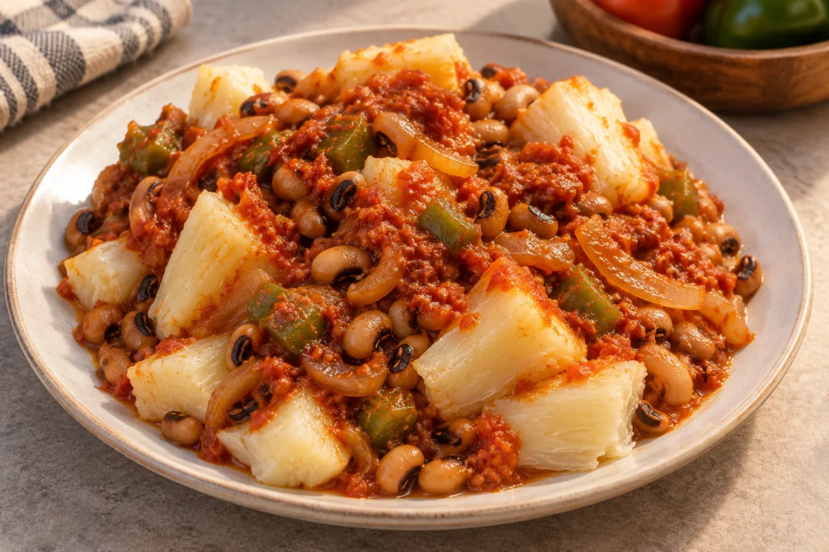 Illustration of Nyambeh Nyebeh: cassava and black-eyed peas topped with onion, tomato and pepper stew.
