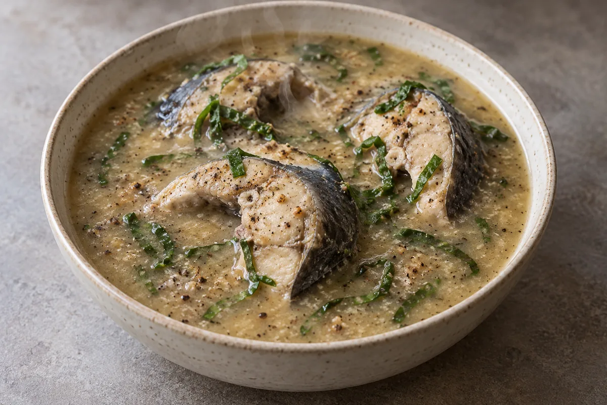 Catfish steaks in pale yam-thickened Ofe Nsala broth with sliced utazi leaves; AI-generated recipe illustration