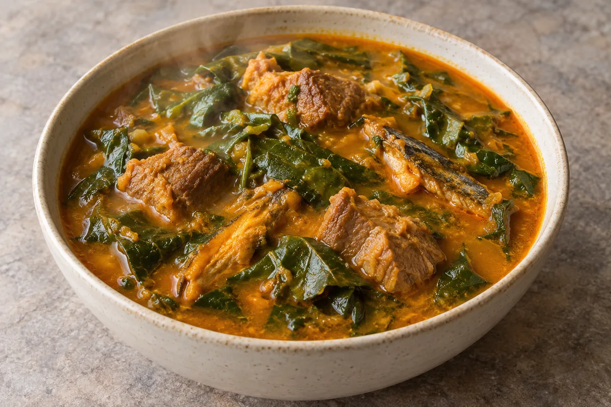 Oha soup with cooked meat, dried fish and broad torn leaves in a palm-oil and cocoyam broth; AI-generated recipe illustration
