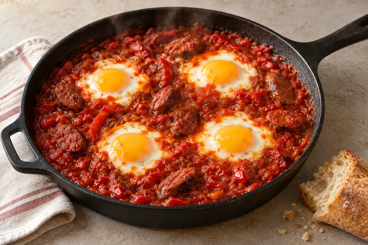 Four poached eggs and browned merguez slices in tomato and pepper sauce; AI-generated recipe illustration