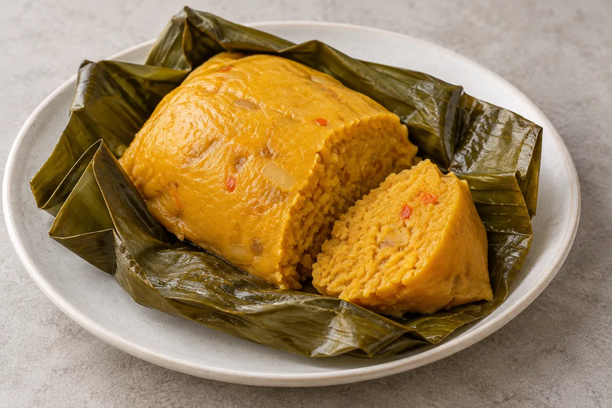 Illustration of Okpa: golden Bambara nut pudding partly unwrapped from a banana leaf, with a cut piece showing its interior.