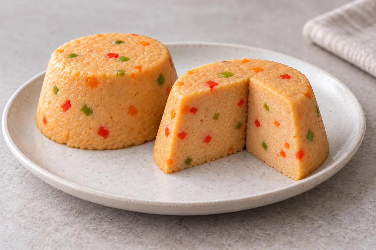 AI illustration of two moulded Oleleh puddings, one cut open, with coloured vegetable pieces.