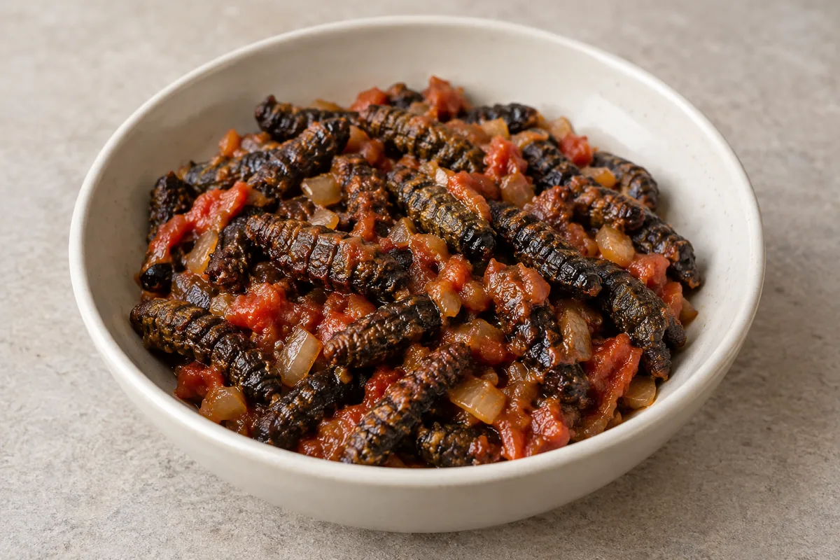 Cooked mopane caterpillars with reduced tomato and onion relish; AI-generated recipe illustration