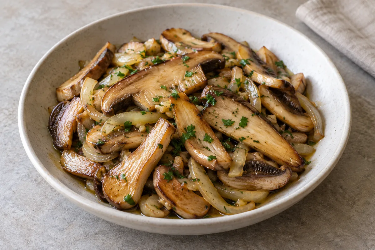 Browned mushroom slices with softened onion, garlic and parsley; AI-generated recipe illustration
