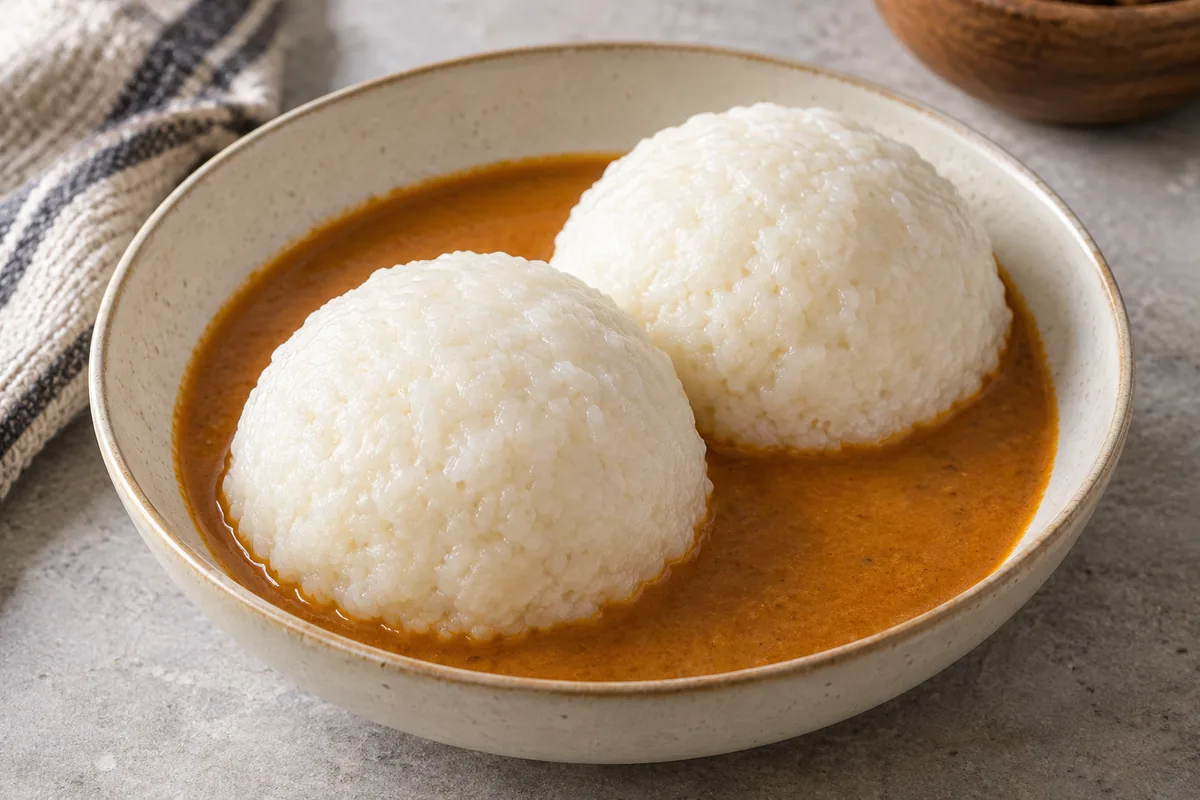 Illustration of Omo Tuo: two soft rice balls served in groundnut soup.