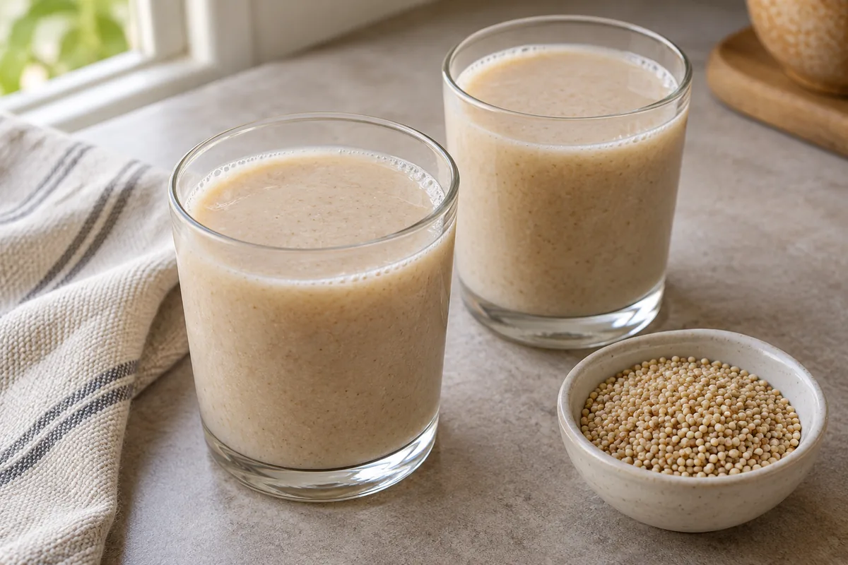 Pale beige Oshikundu grain drink in plain glasses beside millet; AI-generated recipe illustration