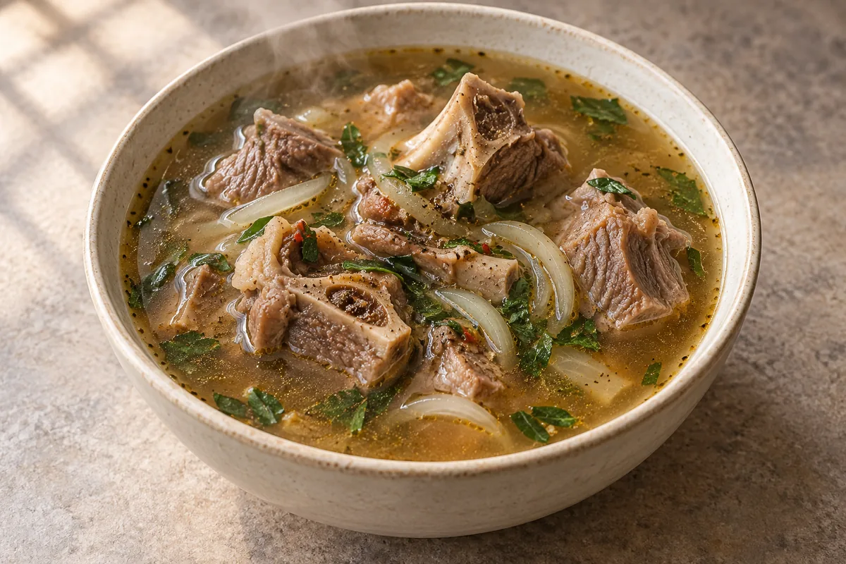 Goat meat pepper soup with clear spiced broth, onion and sliced scent leaves; AI-generated recipe illustration