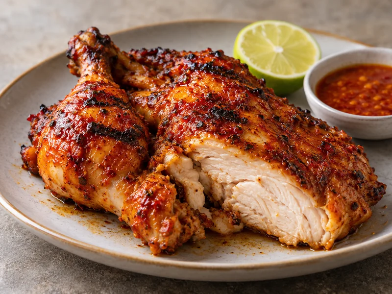 Grilled piri-piri chicken with a cut breast, chilli sauce and lime; recipe illustration