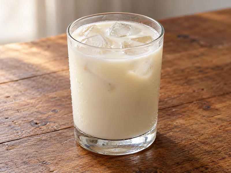 A glass of creamy coconut drink served over ice; recipe illustration