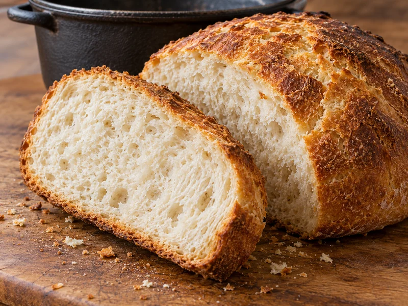 A round crusty potbrood loaf and a cut slice beside a cast-iron pot; recipe illustration