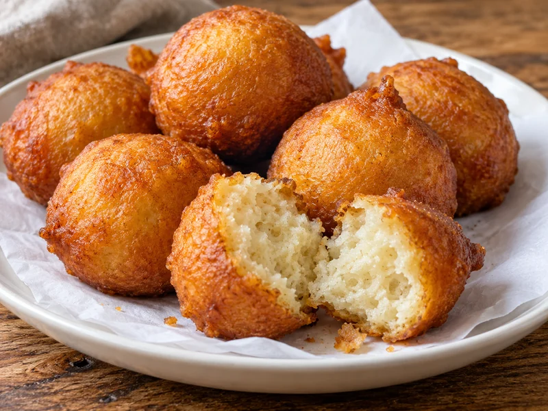 Golden puff-puff balls with one opened to show the soft crumb; recipe illustration