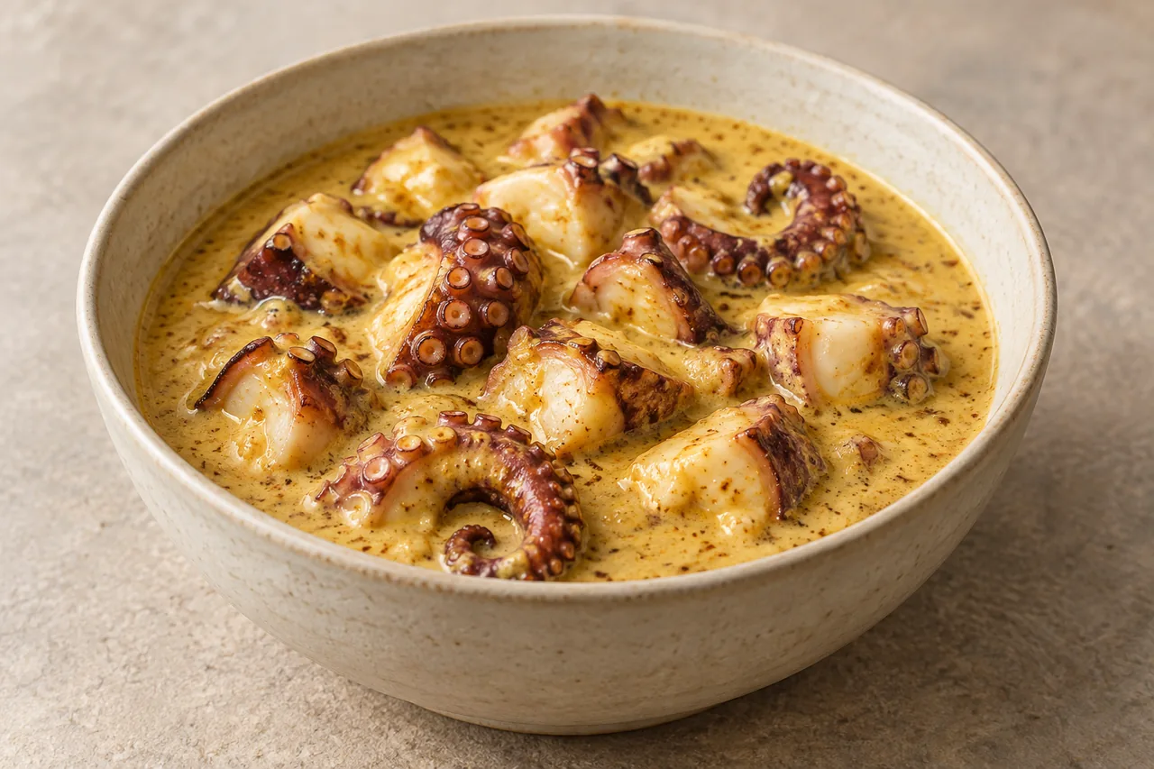 AI-generated serving illustration of octopus pieces in coconut curry sauce.