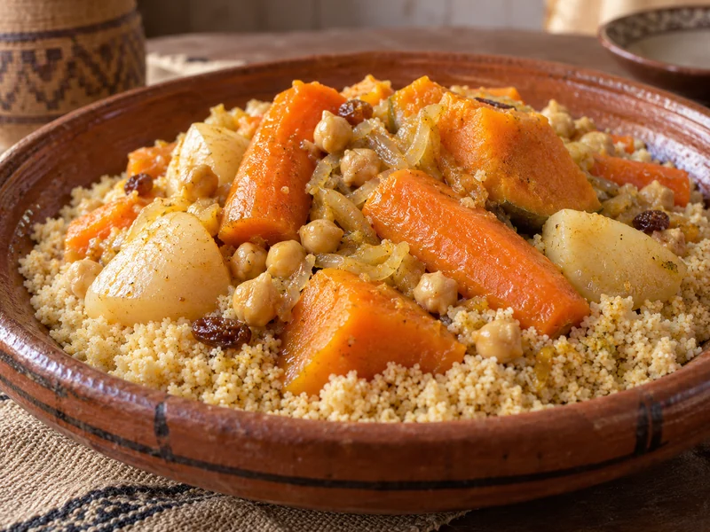 Couscous topped with carrots, chickpeas and other vegetables; recipe illustration