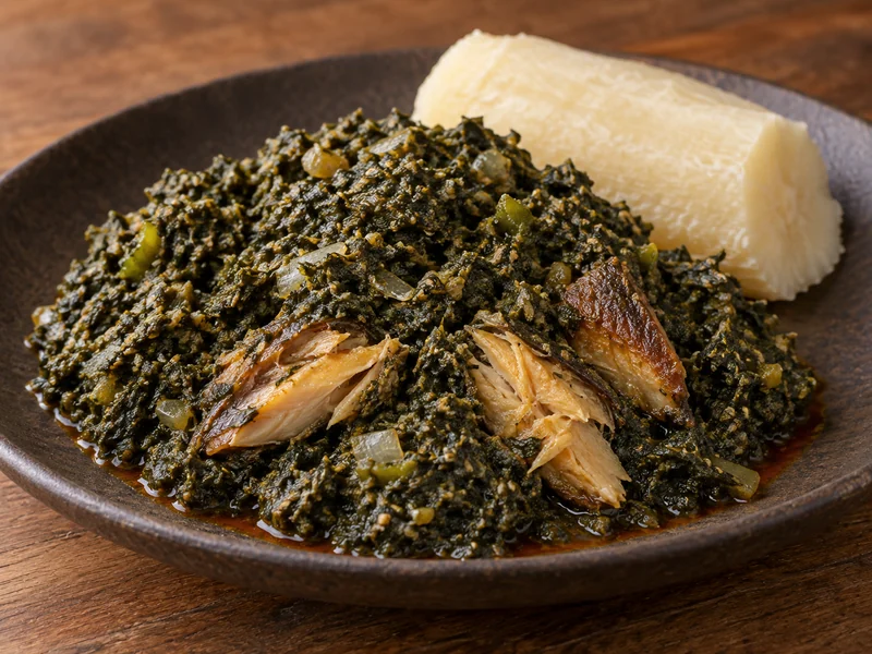 Cassava-leaf stew with fish and a cassava accompaniment; recipe illustration