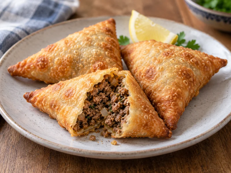 Golden triangular sambusa pastries with one showing its minced filling; recipe illustration
