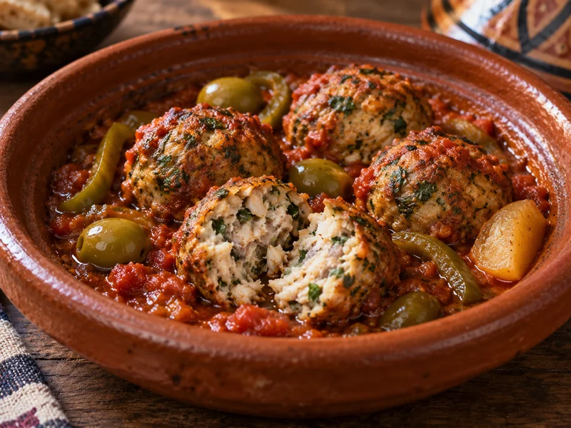 Sardine kefta balls in tomato sauce with olives; recipe illustration