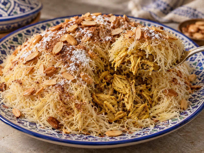 A mound of fine vermicelli with almonds and a cinnamon topping; recipe illustration