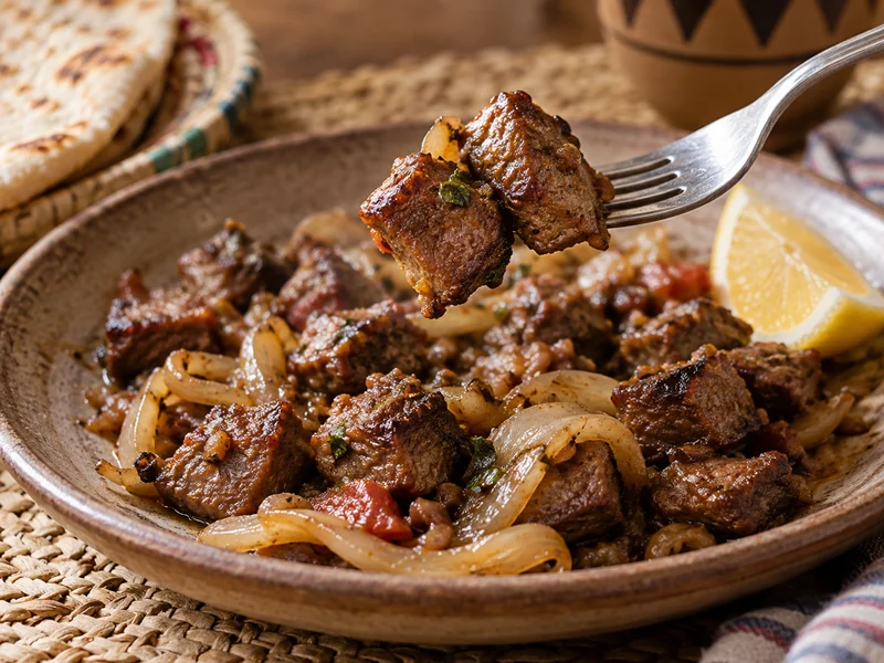 Browned meat and onions with flatbread nearby; recipe illustration