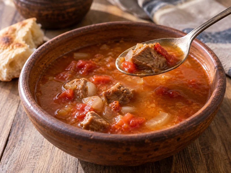 A bowl of shorba with meat, tomato and vegetables; recipe illustration