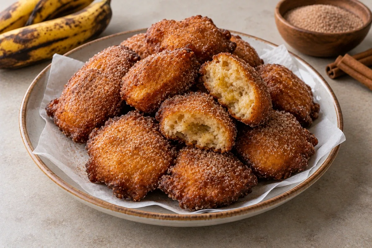 Golden banana fritters with cinnamon sugar and a soft banana interior