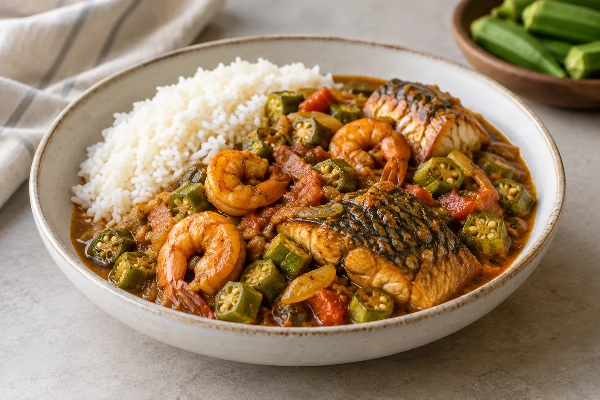 Okra stew with fish and shrimp served beside rice