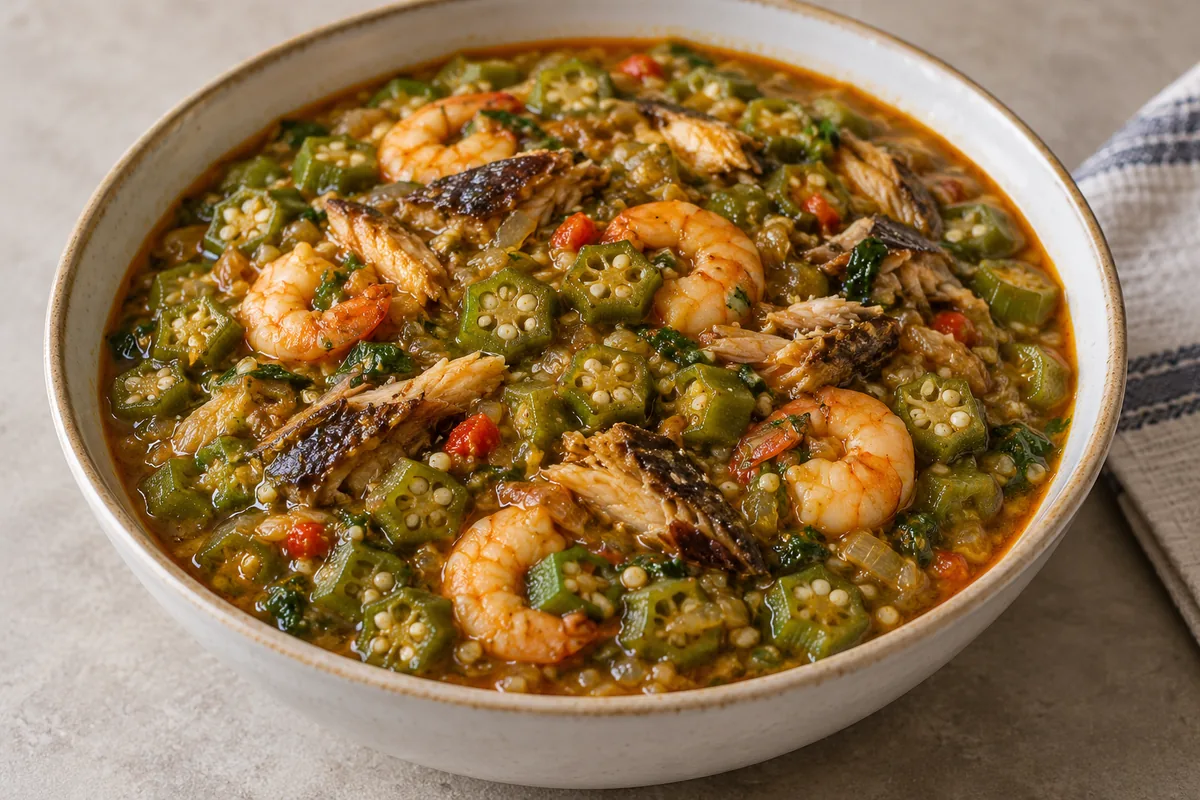 Illustration of Supakanja: glossy okra soup with smoked fish, shrimp and palm oil.