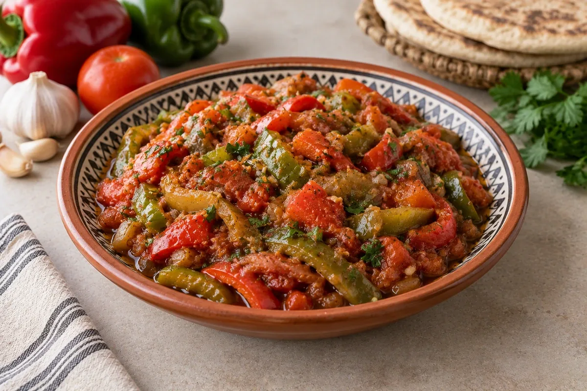 Soft roasted peppers and tomatoes with herbs in olive oil