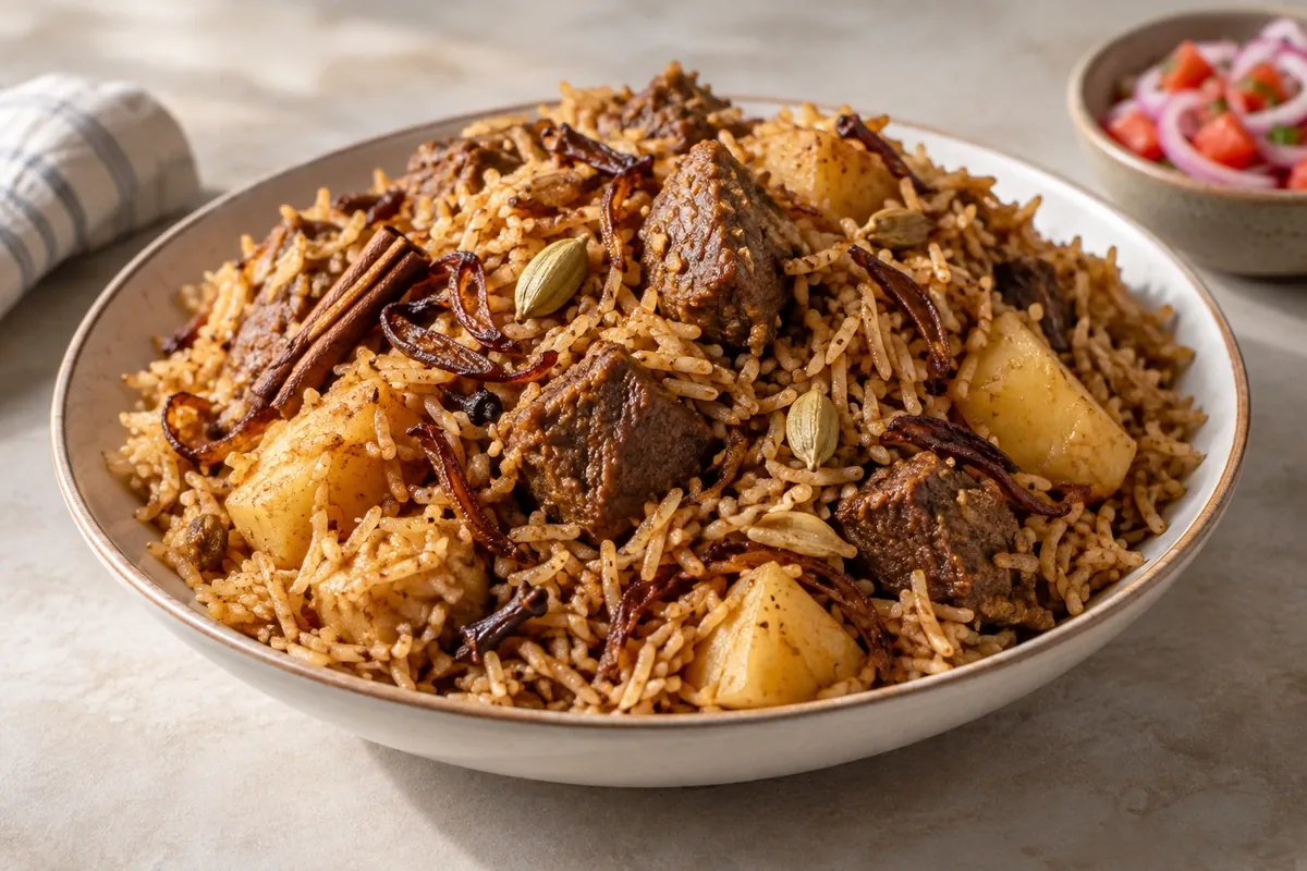 Spiced rice with cooked meat, potatoes, cardamom and cinnamon