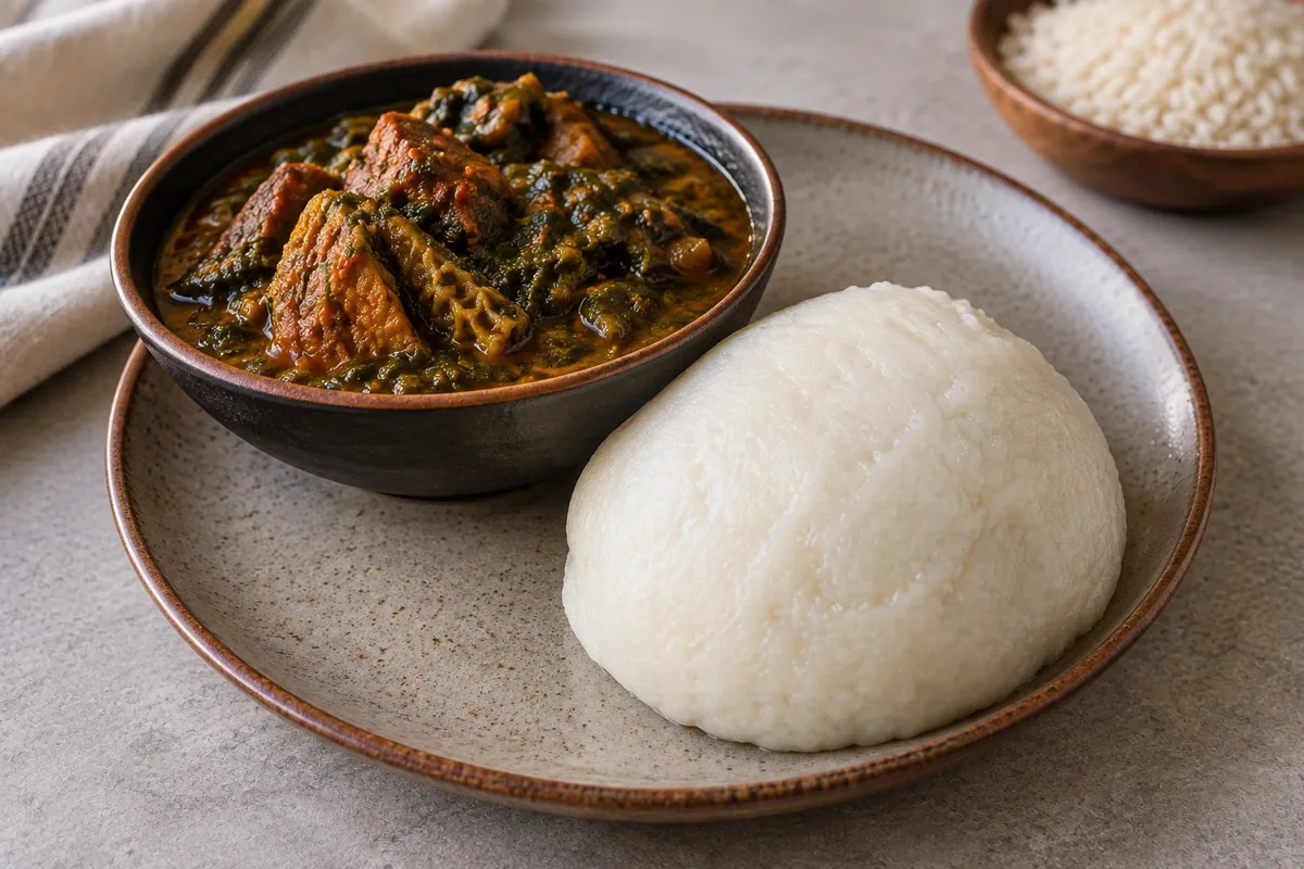 A smooth white rice swallow served beside soup