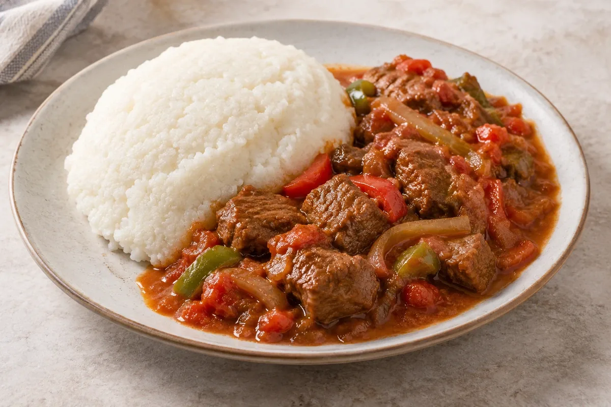 A dome of white maize ugali beside beef, tomato and pepper stew
