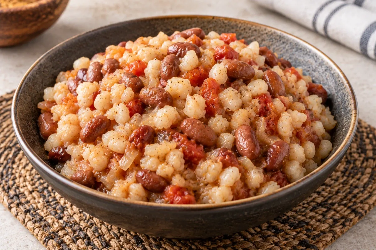 Tender samp and beans mixed with tomato and onion relish